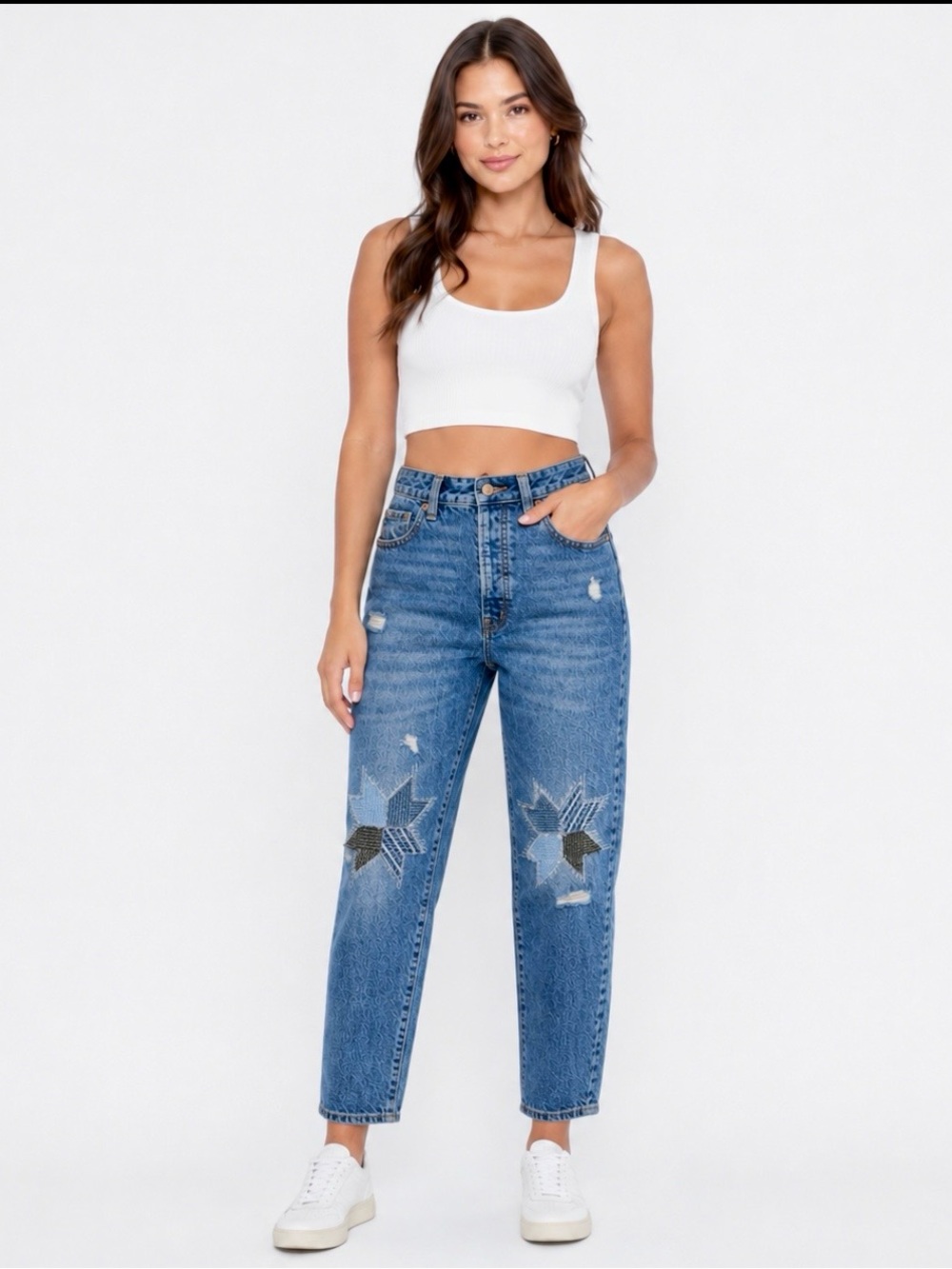 Old Navy Extra High Rise OG Straight Jeans Size 12 Quilted Star Patchwork